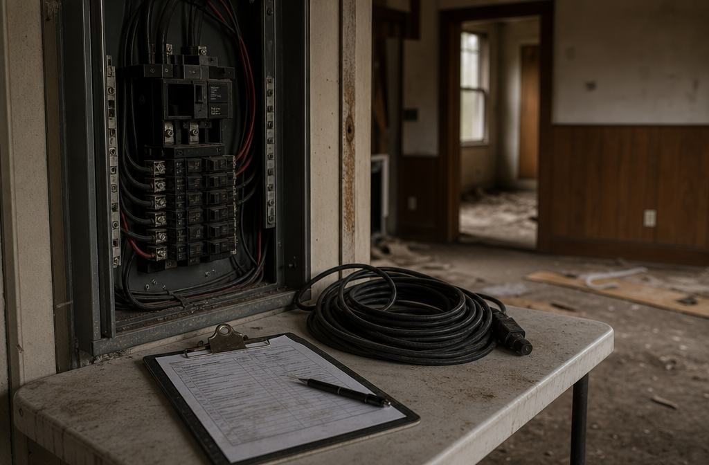Electrical test equipment in dark municipal building hallway