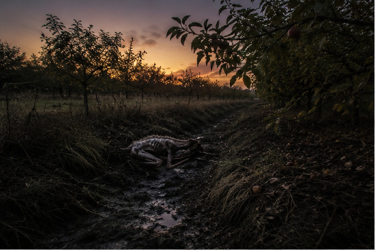A gaunt hairless animalistic crawler with crooked limbs moves low through an orchard drainage ditch.