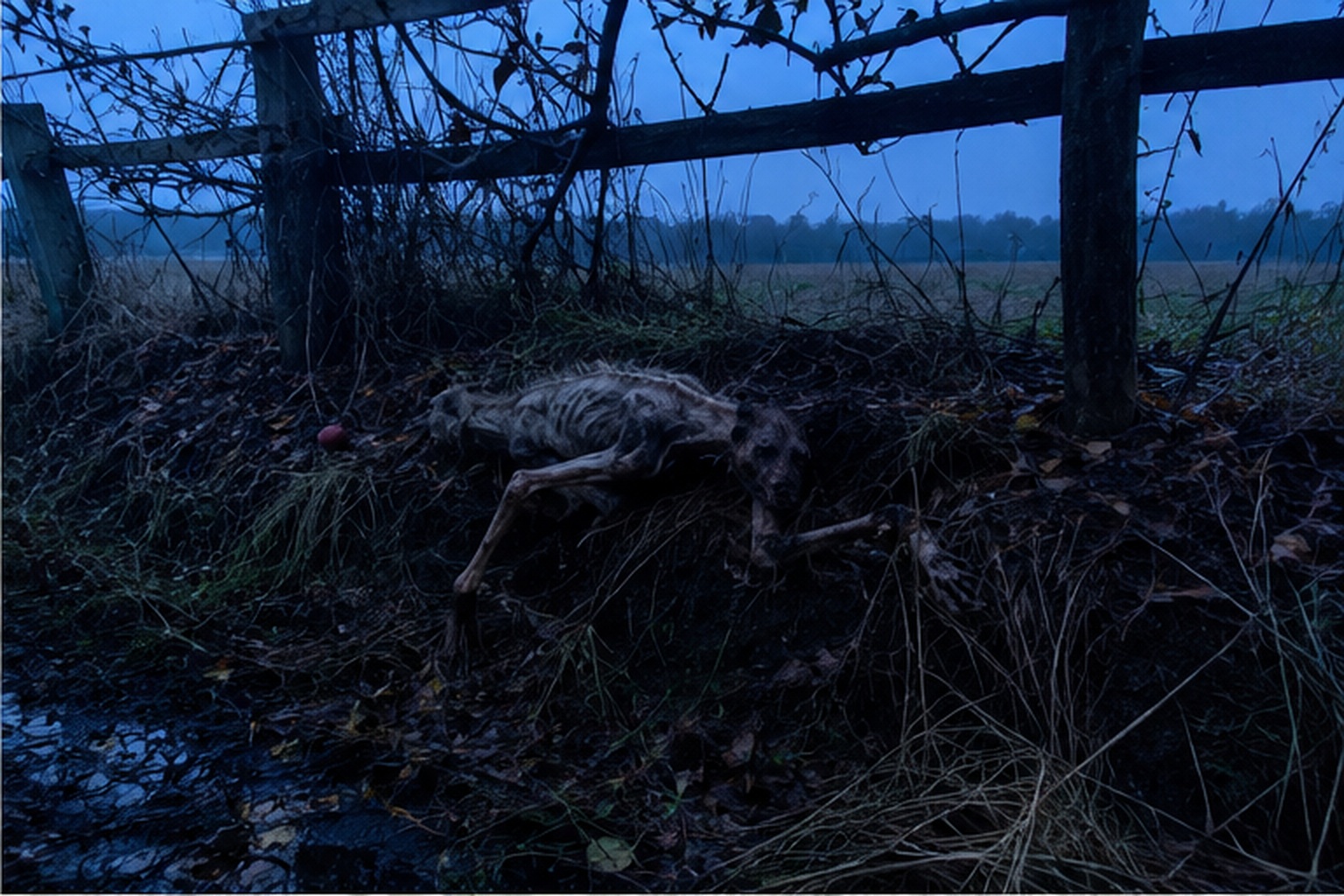 A narrow ribbed cryptid body is partly hidden in weeds along an abandoned orchard ditch.