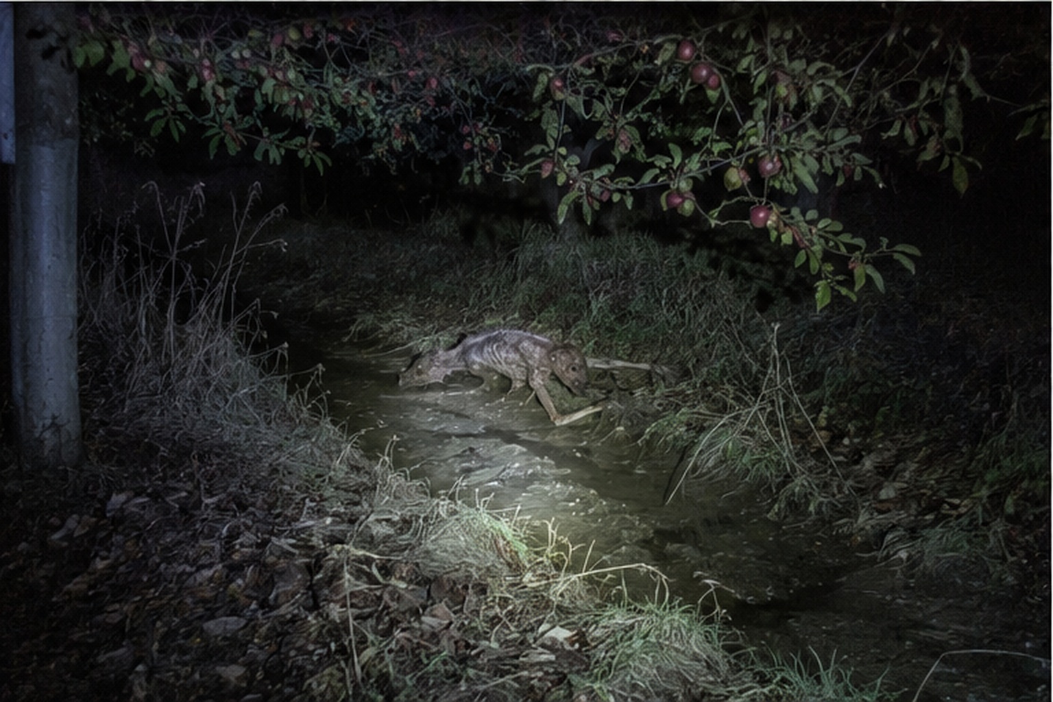 A flashlight catches a low hairless crawler slipping beneath abandoned orchard branches.
