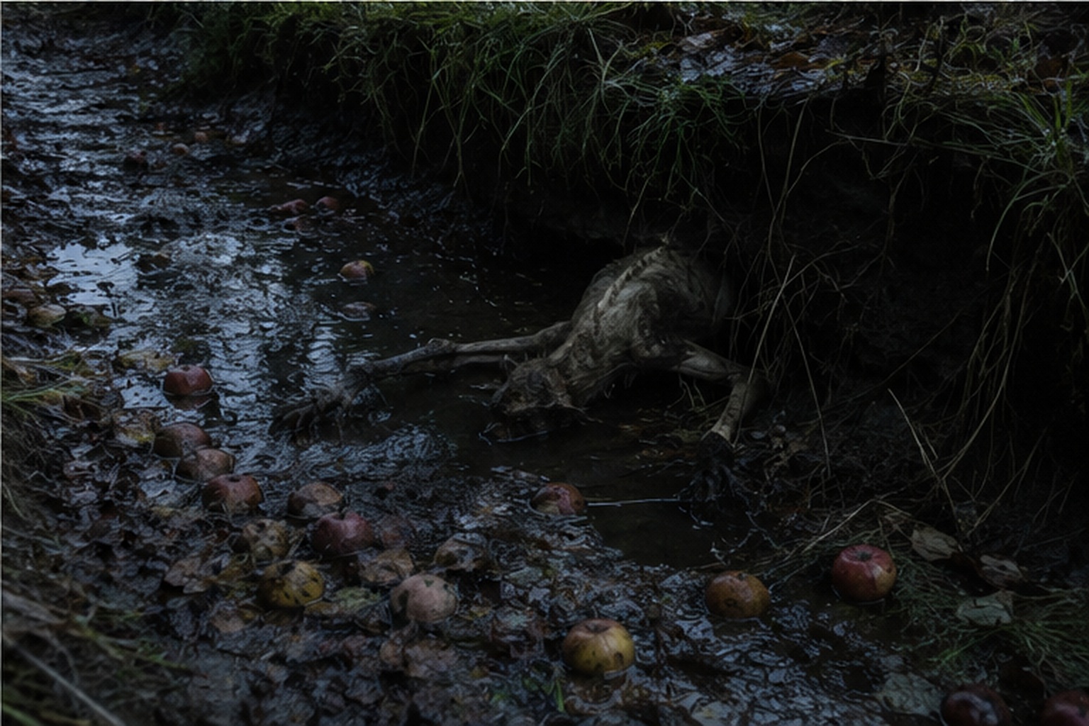 A gaunt ribbed animalistic crawler hides in a muddy ditch beside old apple trees.