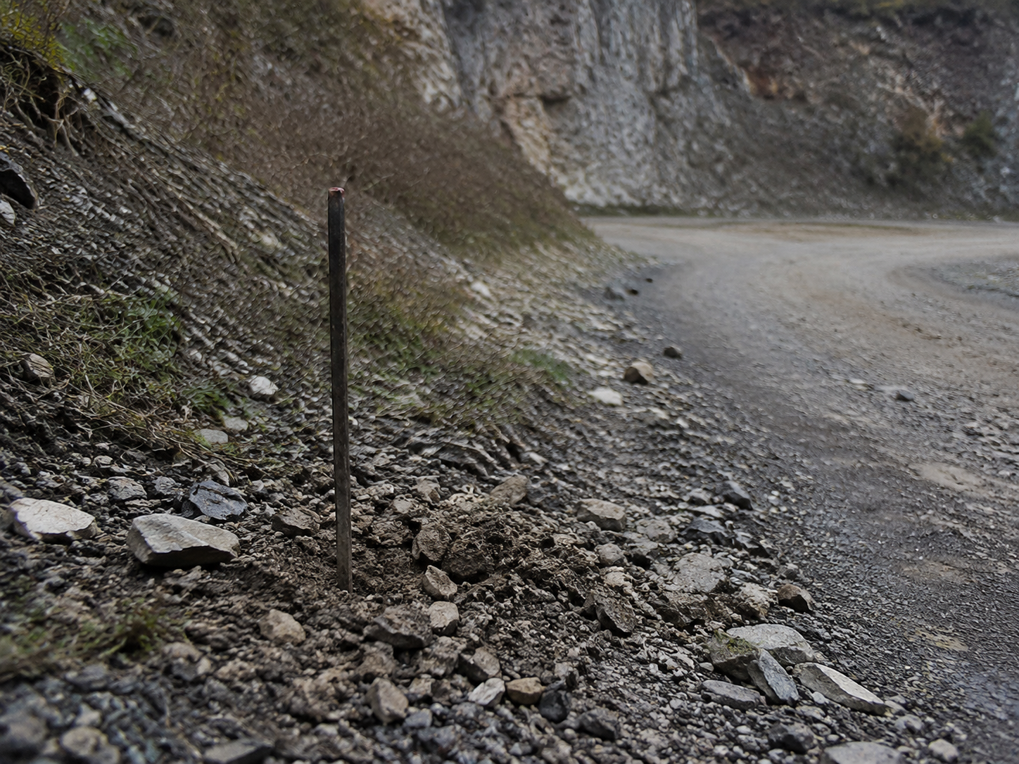 Survey stake in disturbed gravel beside an abandoned quarry access road