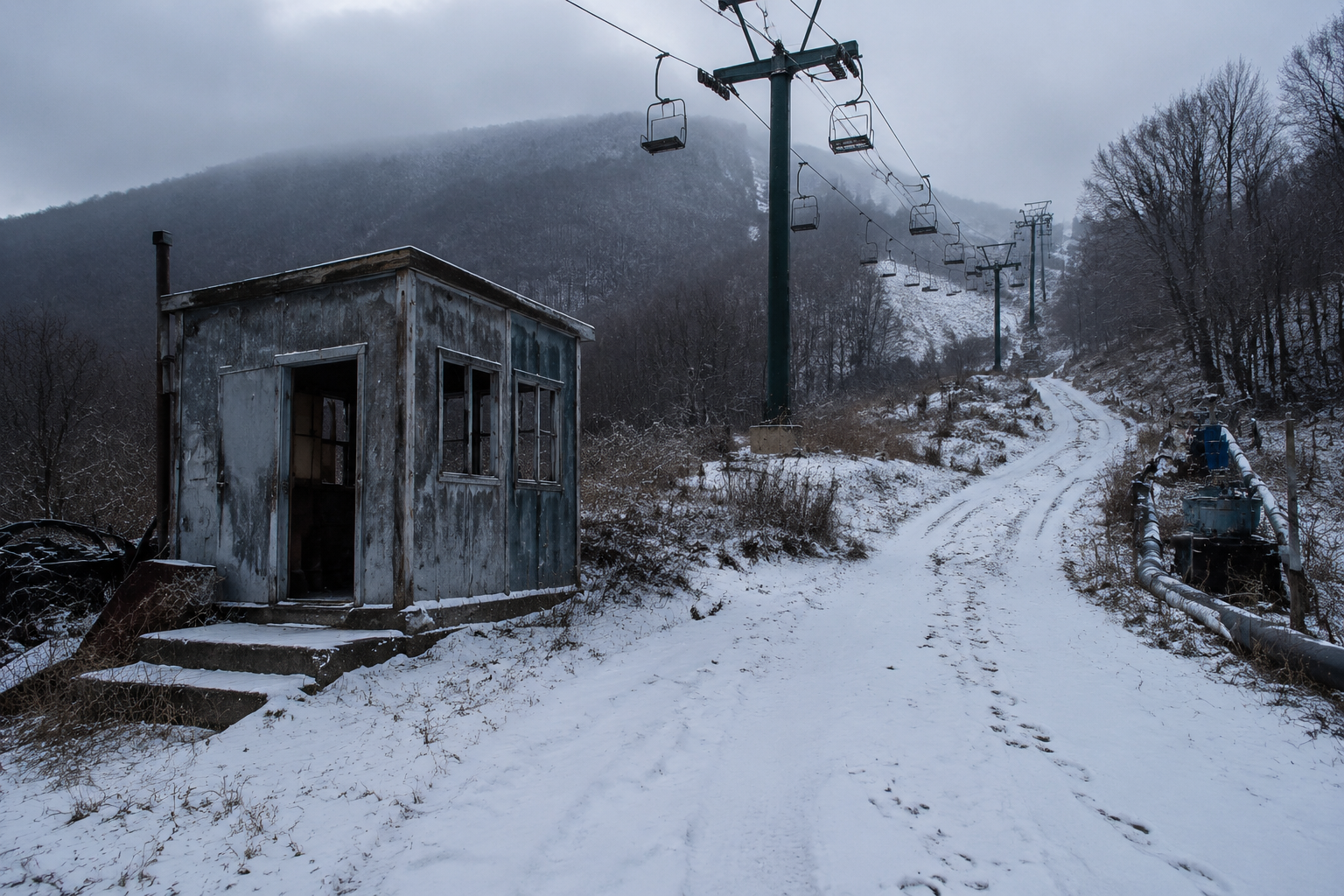 Abandoned ski-lift hut beside snowy access road CAPTION: The account centers on a closed maintenance hut and an access road that should have been undisturbed.