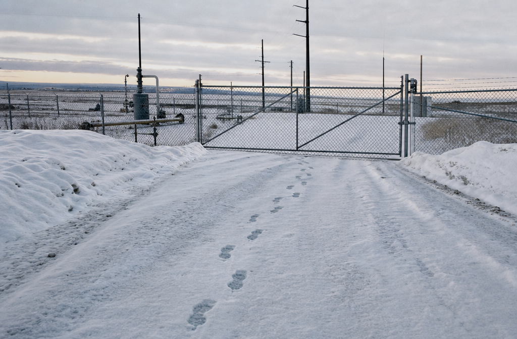 Tracks crossing snow near service gate CAPTION: The track line was remembered because it appeared on the opposite side of the expected service route.