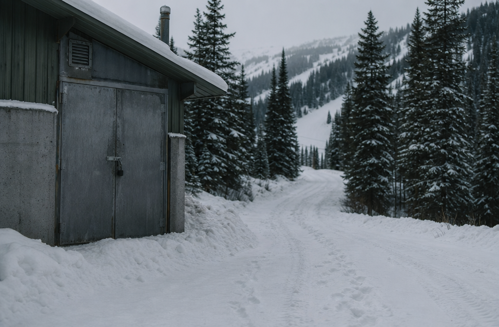 Locked pump door with snowy road beyond CAPTION: By morning, the most discussed details were the door, the track direction, and what the camera did not explain.