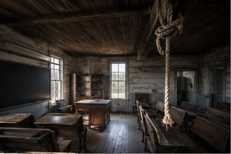 Old schoolhouse interior at dawn with a bell rope knotted around a ceiling beam.
