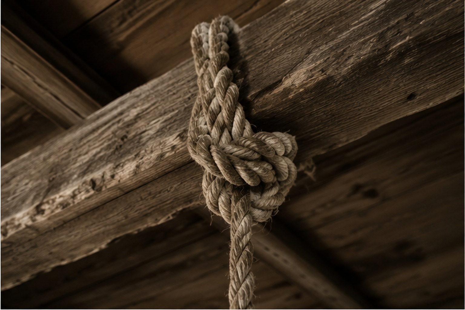 Antique bell rope tied around a ceiling beam with chalk dust scattered below.