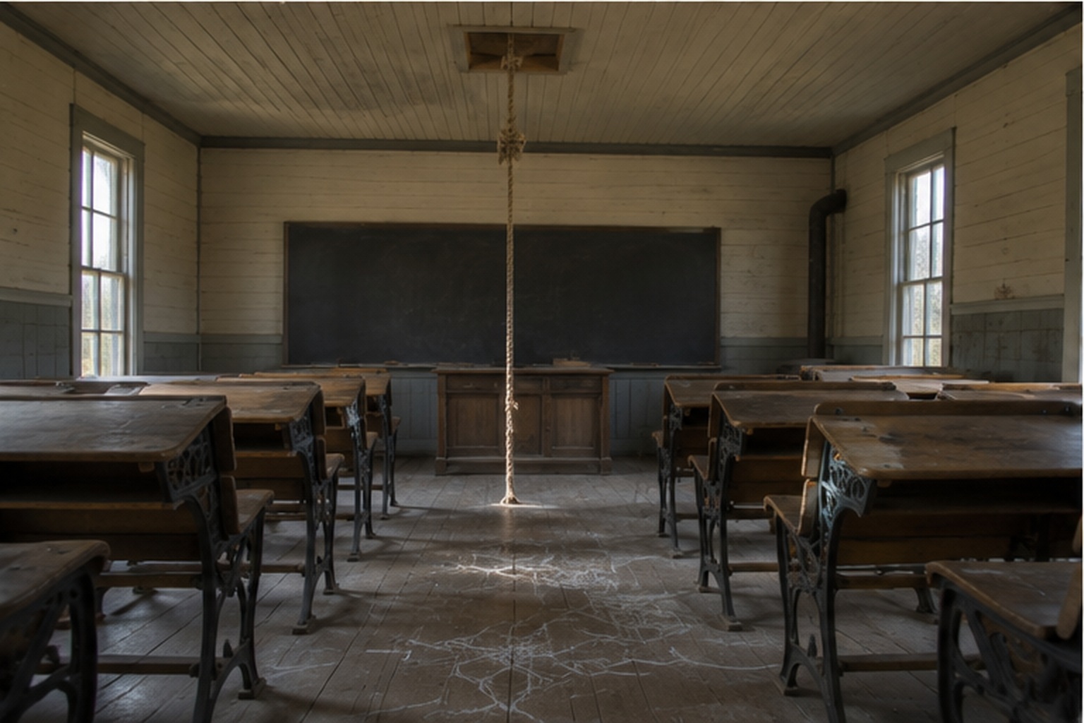 Restored one-room schoolhouse with old desks and chalk dust beneath the bell tower opening.
