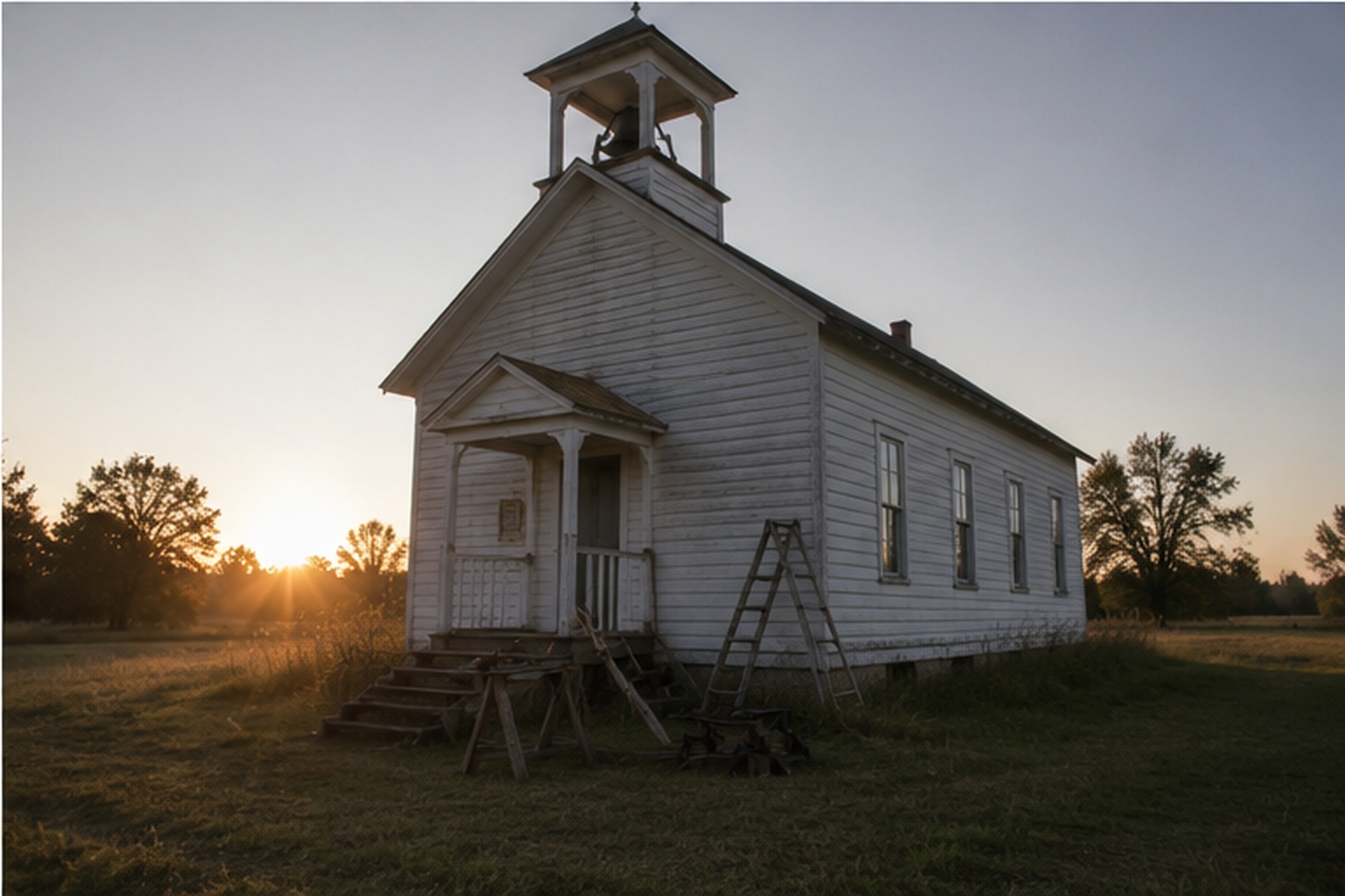 Rural one-room schoolhouse with a bell tower standing empty at sunrise.