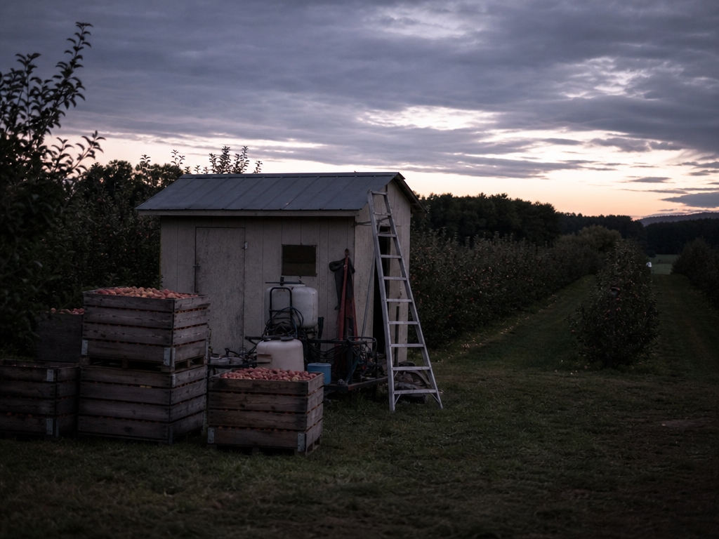 Apple orchard sprayer shed at dusk