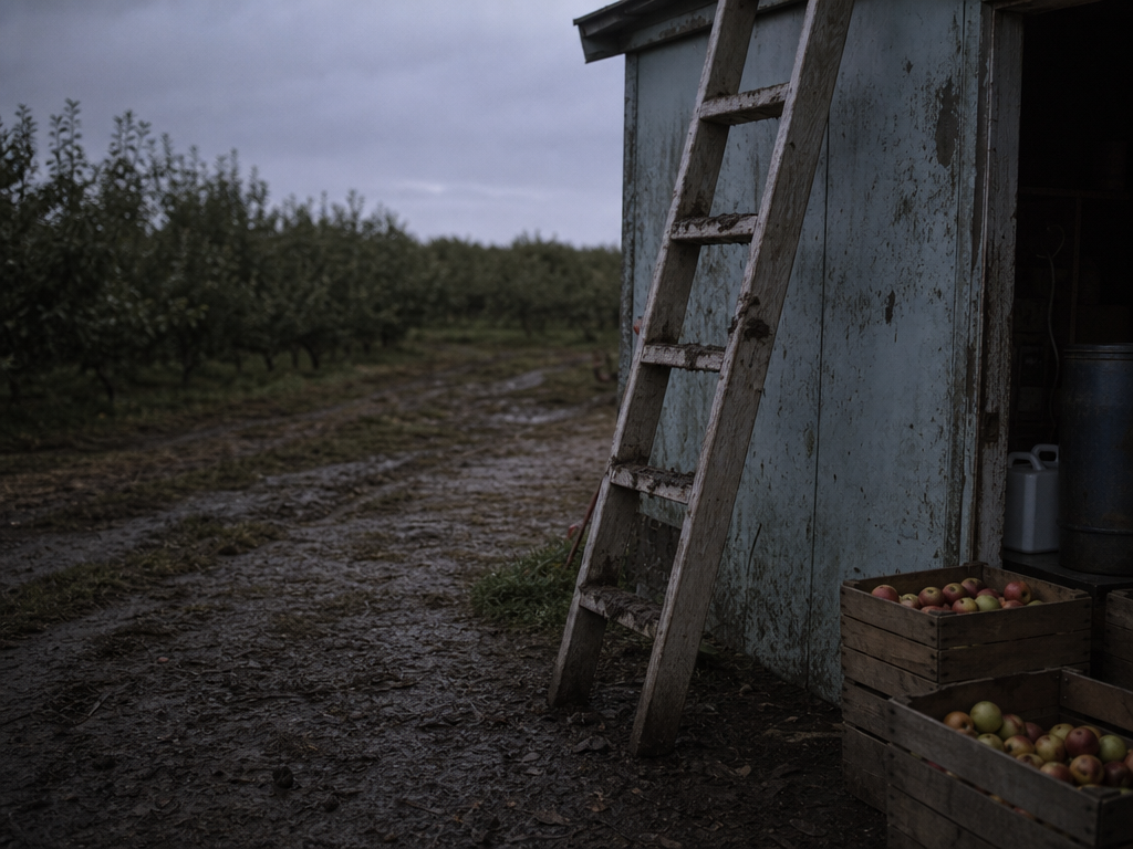 Muddy orchard ladder beside shed