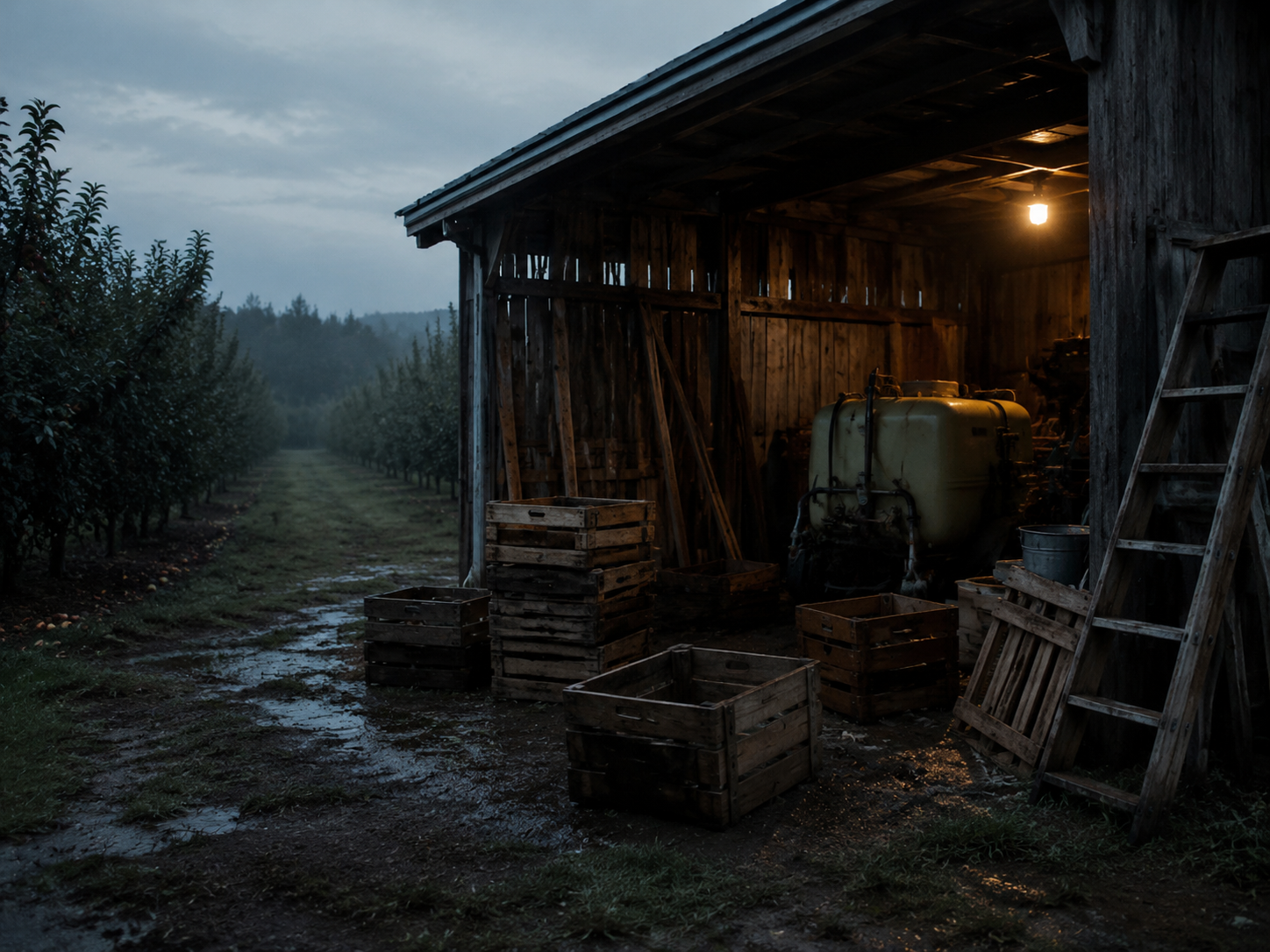Shifted crates near orchard shed