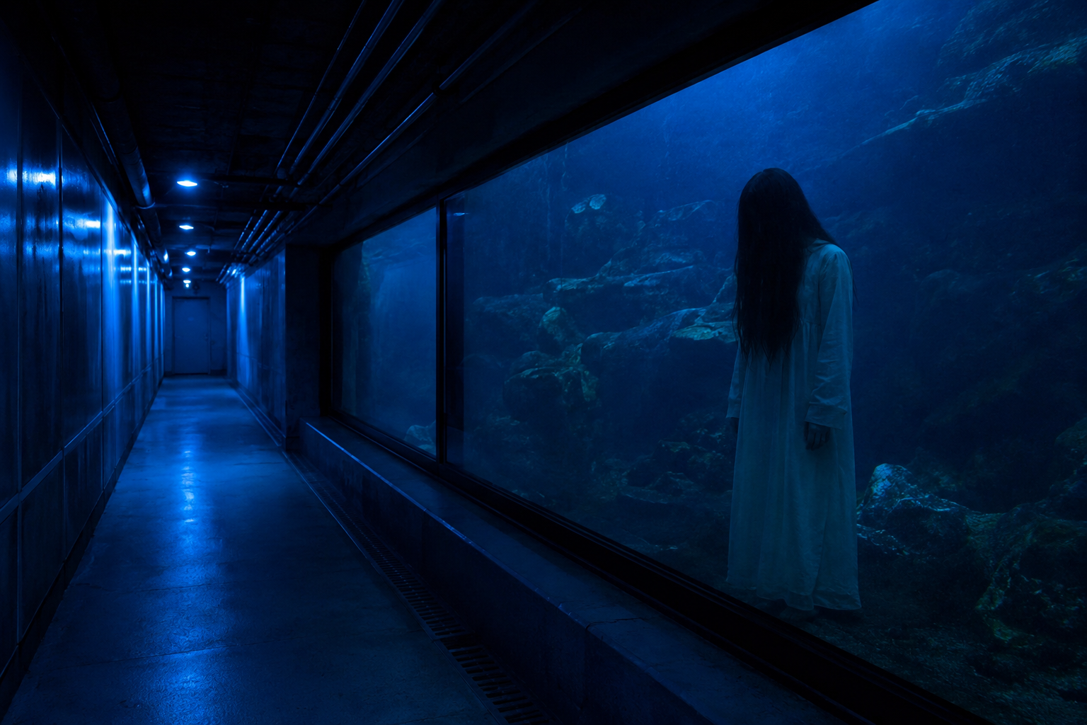 The Closed Aquarium Service Tunnel Photo And The White-Dress Reflection Behind The Glass