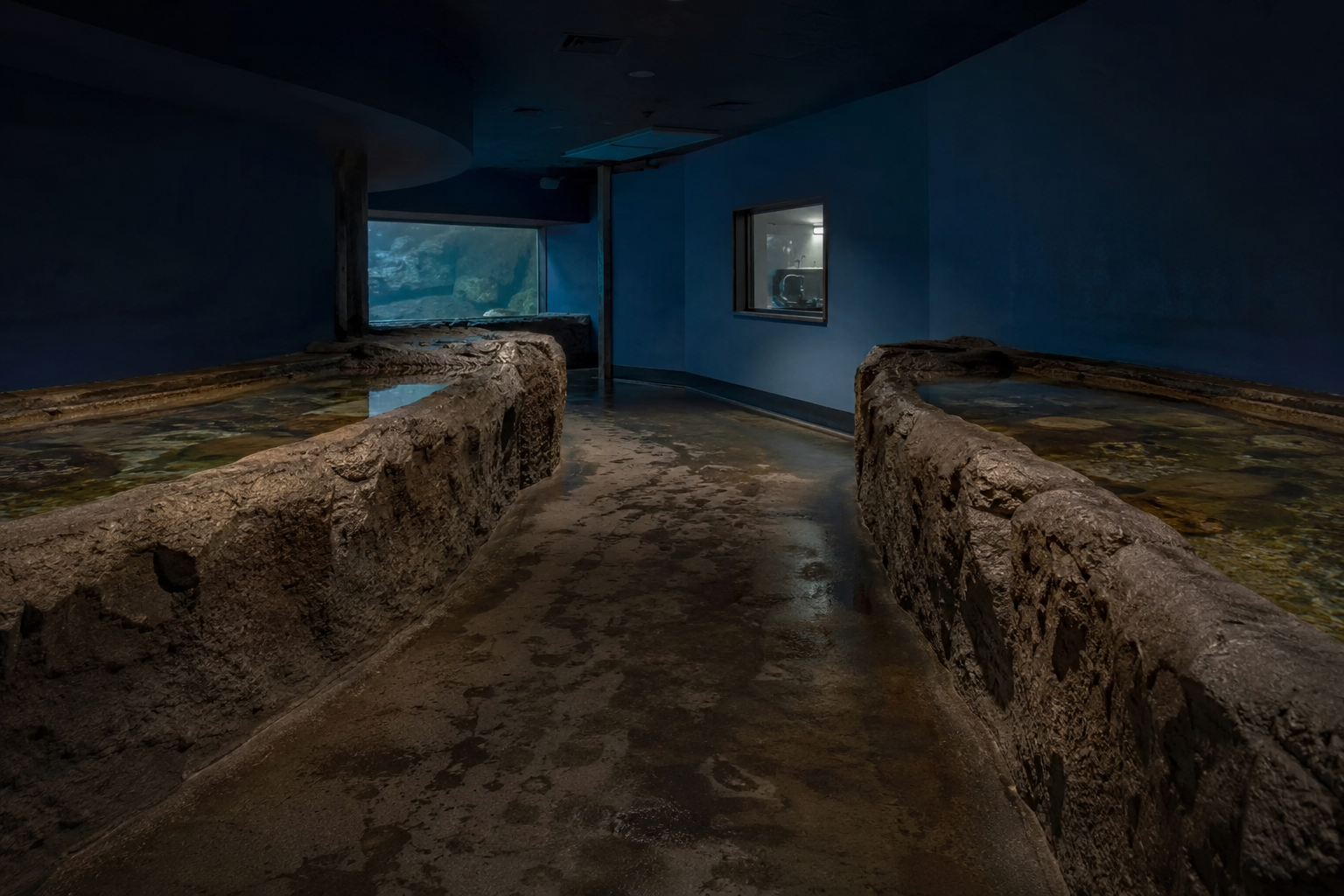 Closed aquarium touch tank corridor after hours