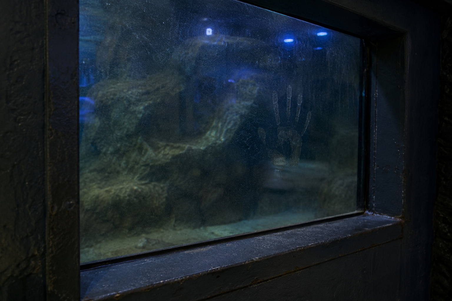 Wet handprint on staff-only aquarium glass