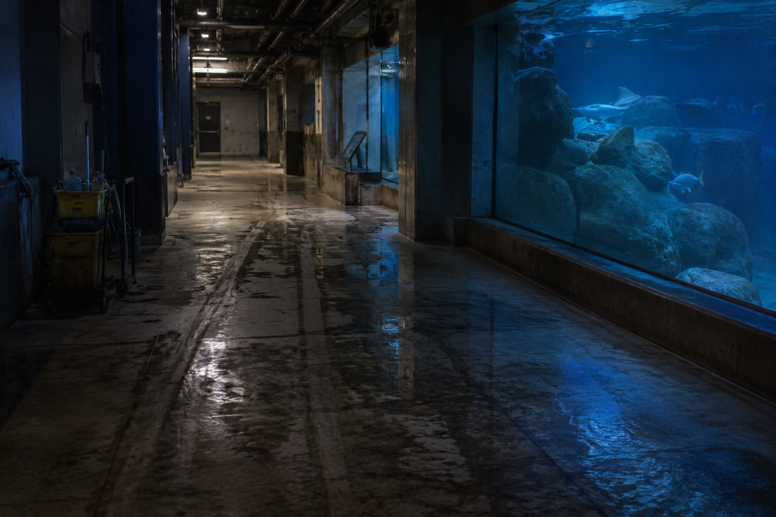 Cleaning cart tracks ending in aquarium hallway