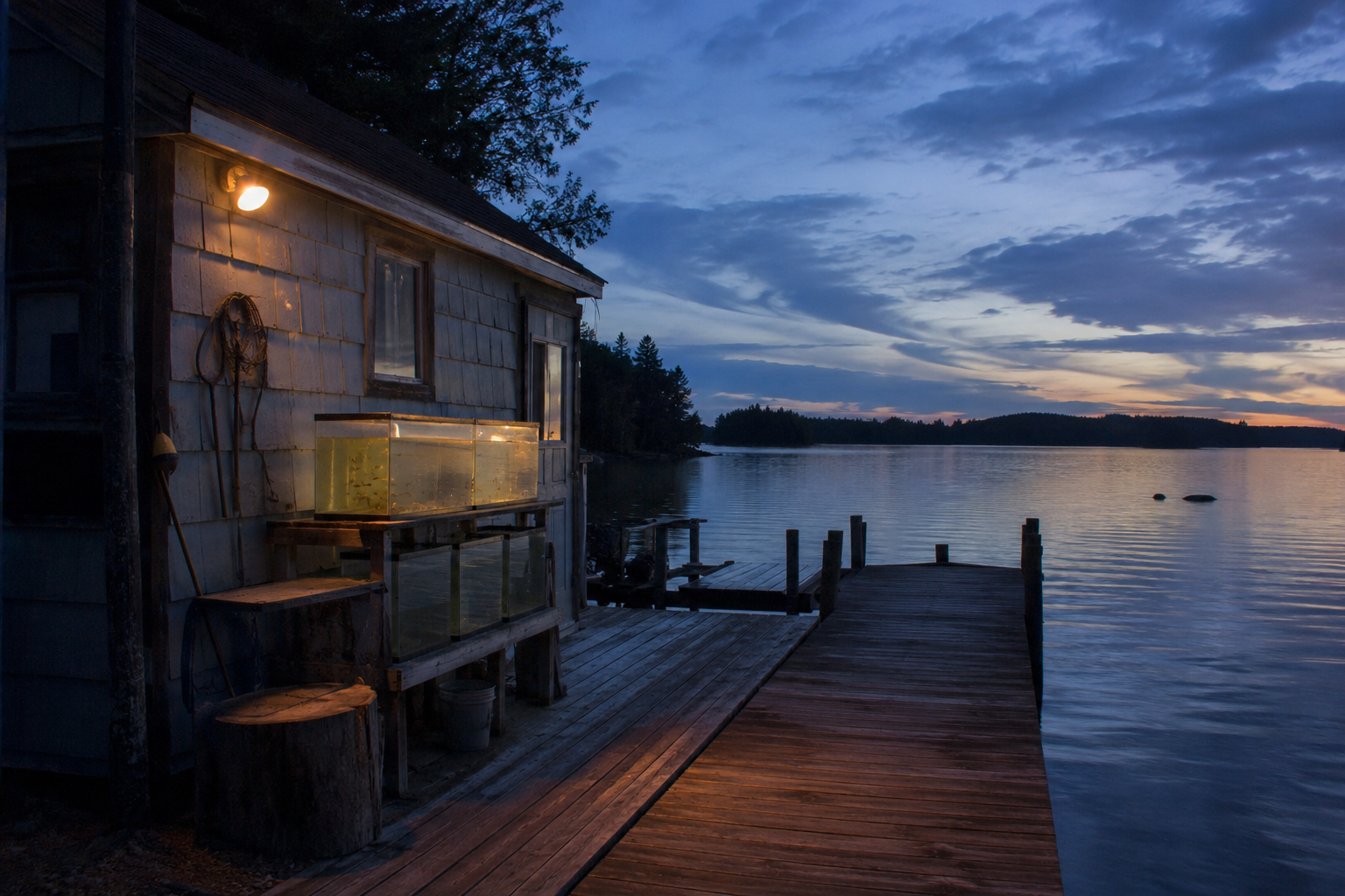 Lakeside bait shop and dock at dusk