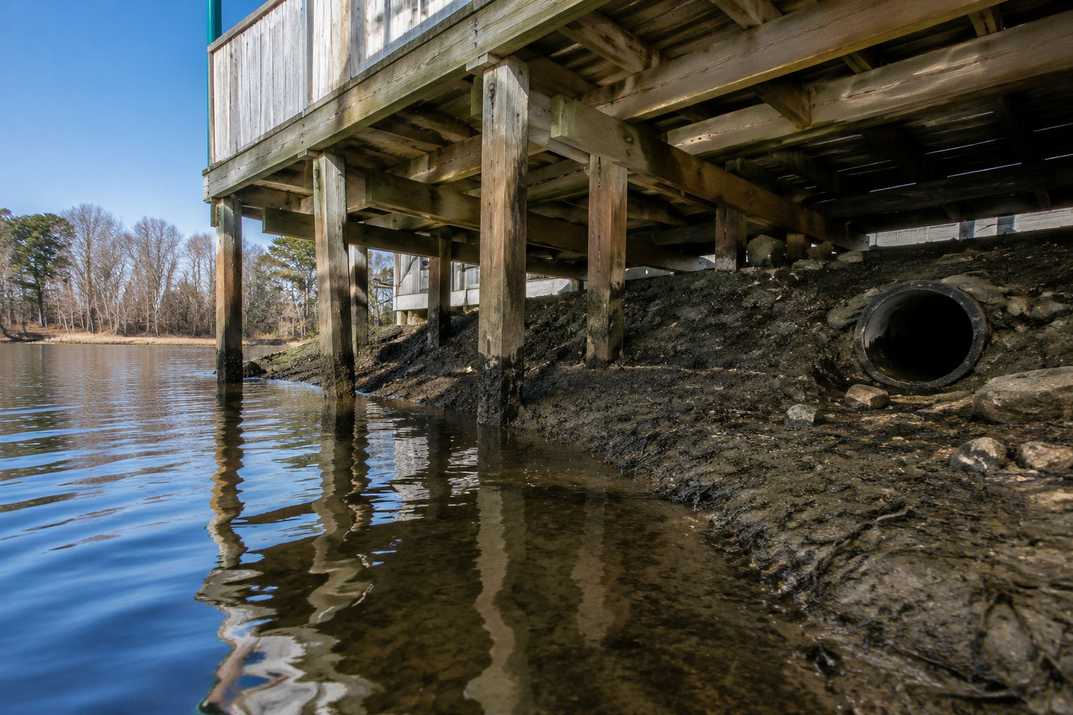Empty space under bait shop dock in daylight