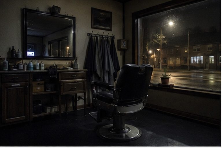 Closed barber shop chair at night