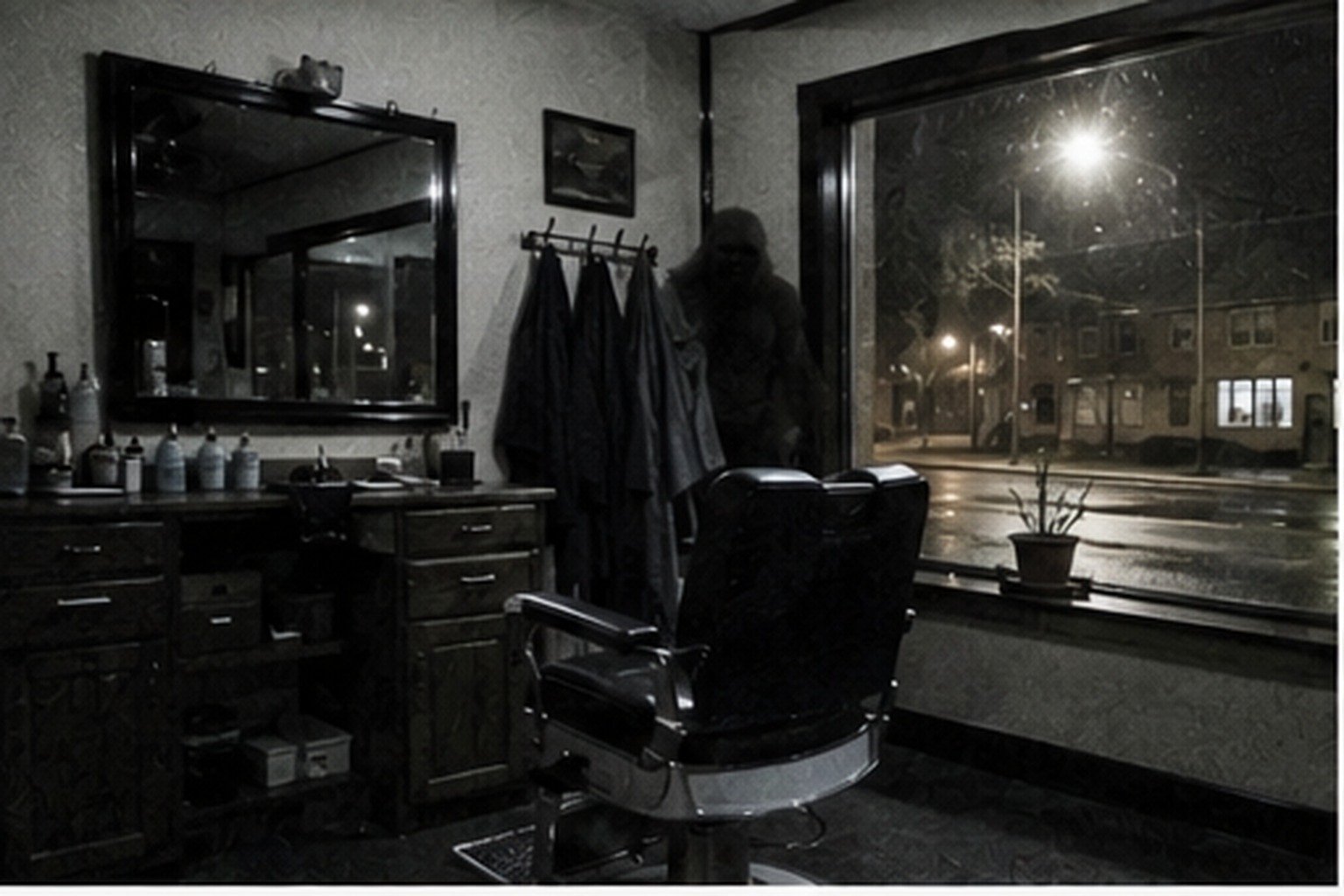 Dark figure beside barber shop capes