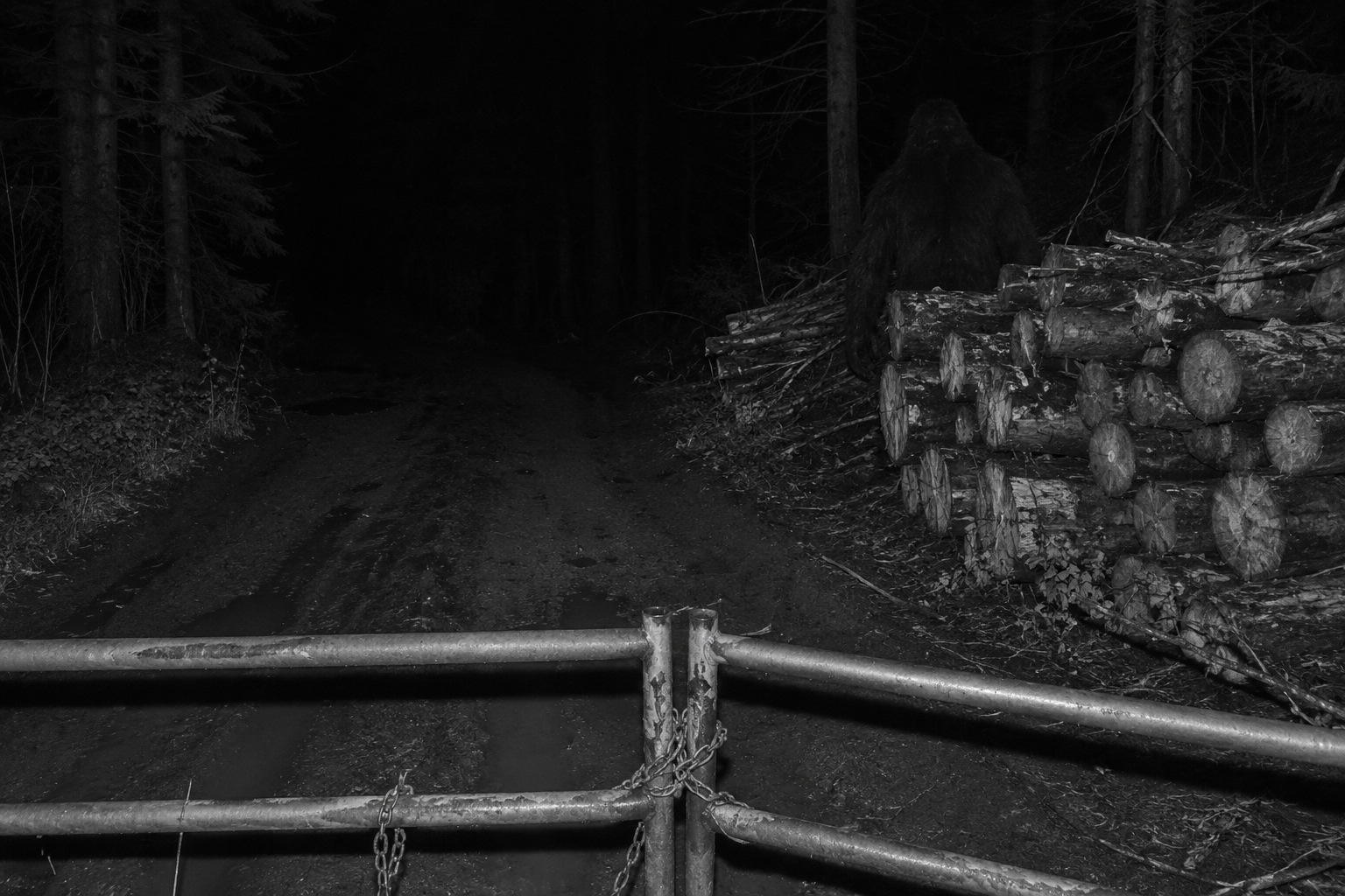 Forestry gate camera view of a muddy logging road with a massive dark hairy figure partly hidden behind stacked cut logs.