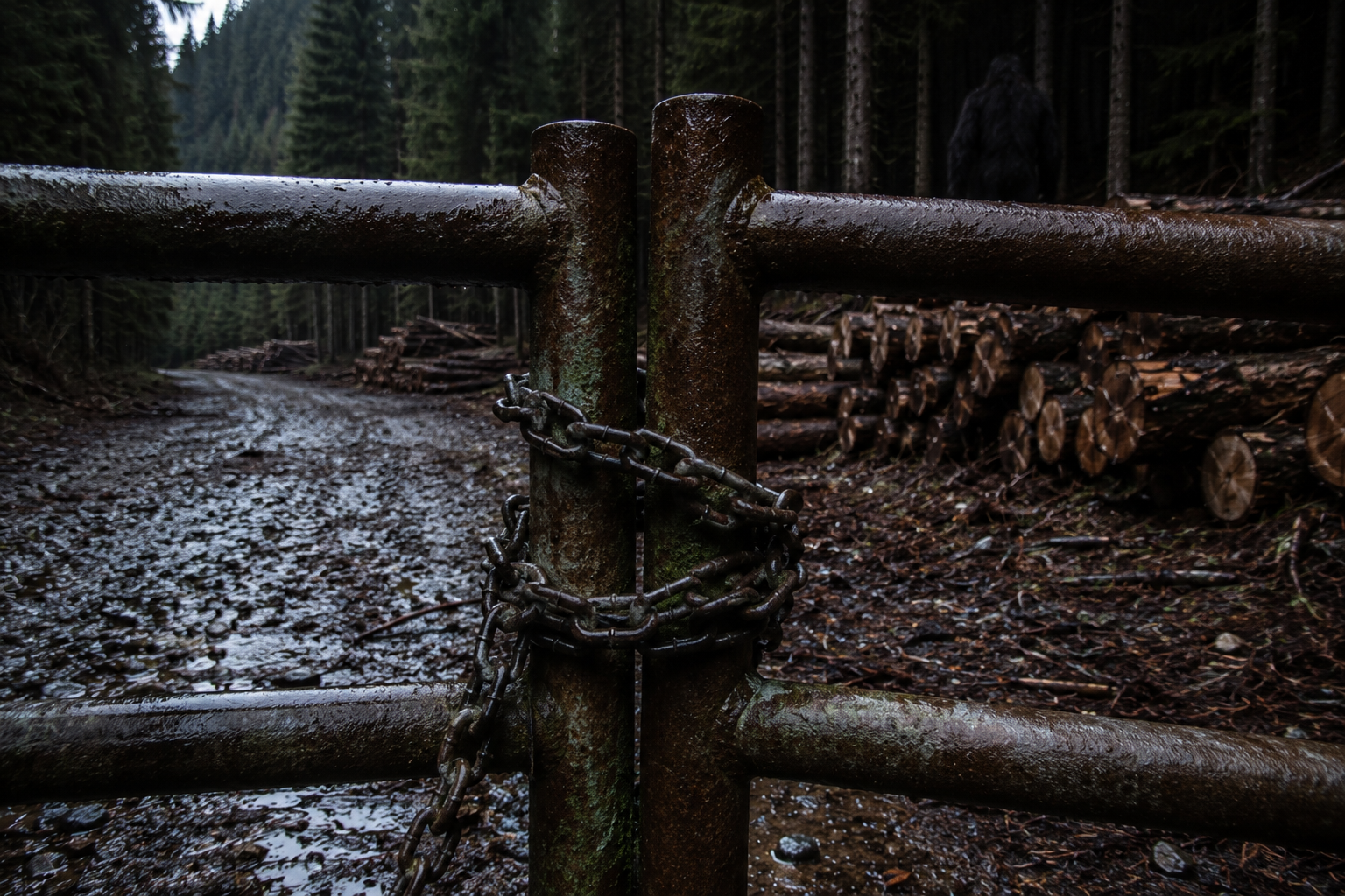 Twisted logging gate chain with stacked cut logs and a massive dark figure concealed farther back in the timber.