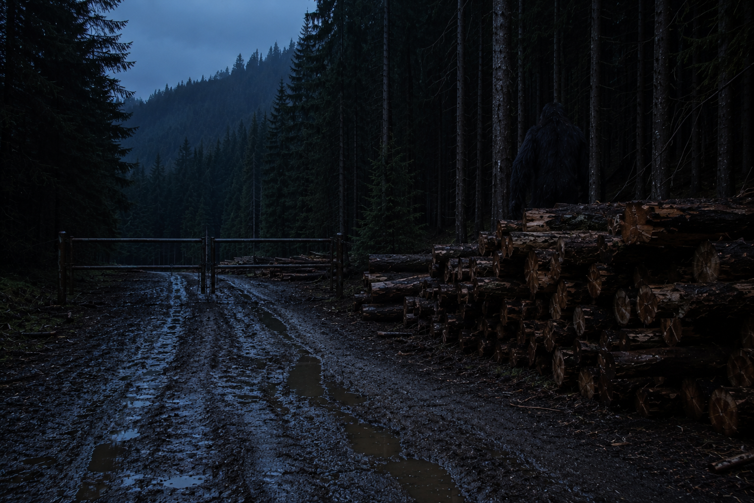 Blue-hour logging road gate with mud ruts, stacked timber, and a huge dark figure half hidden behind the logs.