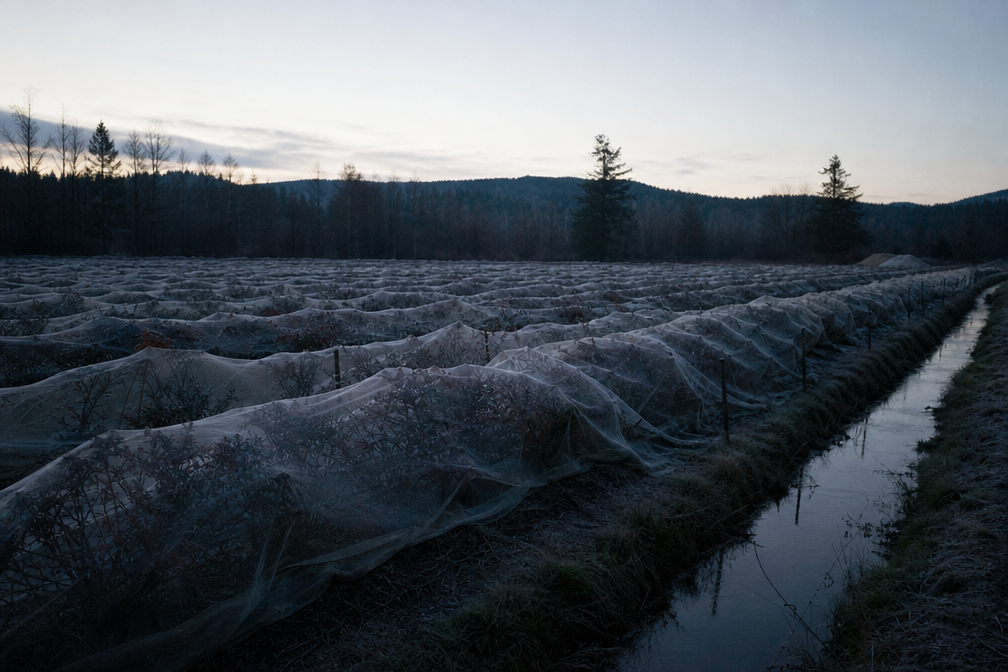 Blueberry barren rows beside a dawn irrigation ditch