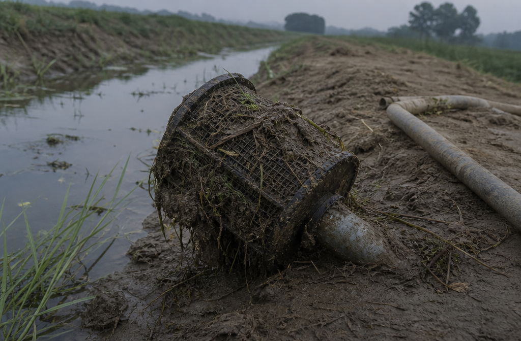 Clogged pump screen beside wet ditch grass