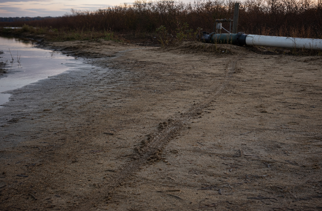 Drag line crossing wet sand near ditch