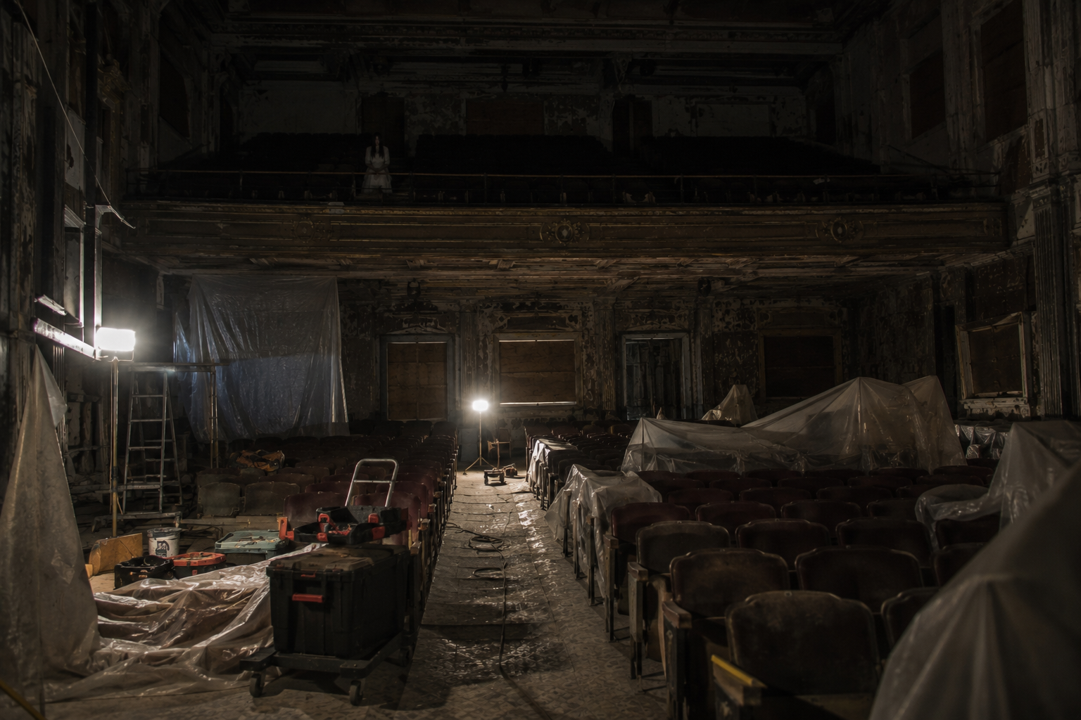 A dusty theater renovation aisle leads toward a dark balcony with a faint white shape above the seats.