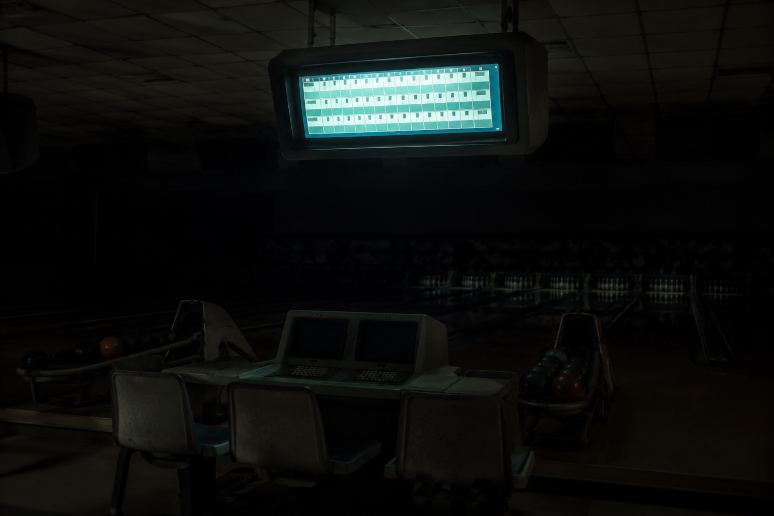 A lone bowling scoreboard casts green-blue light over empty chairs and a scorer table.