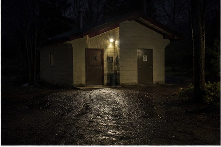 Campground shower house at night
