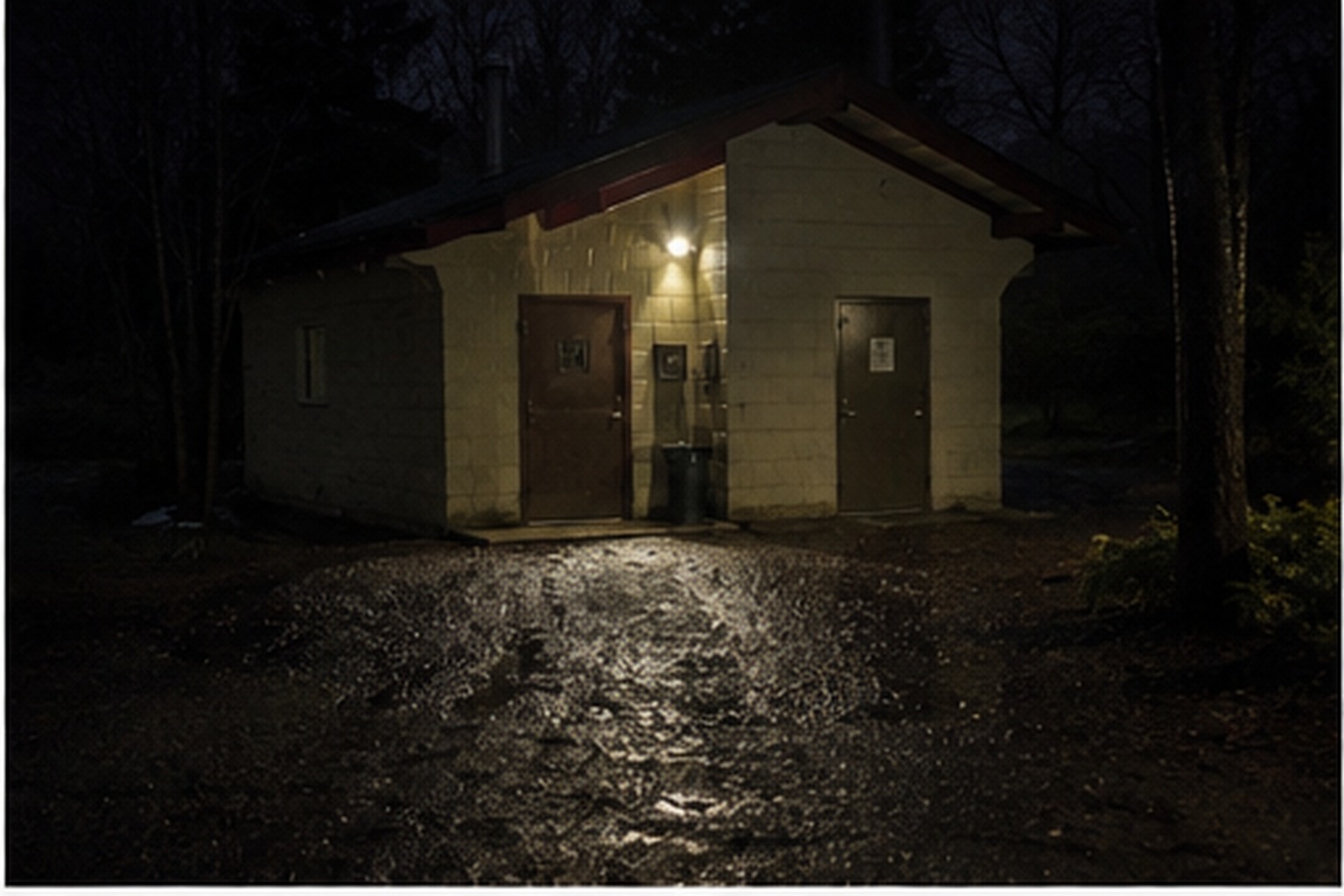 Campground shower house at night