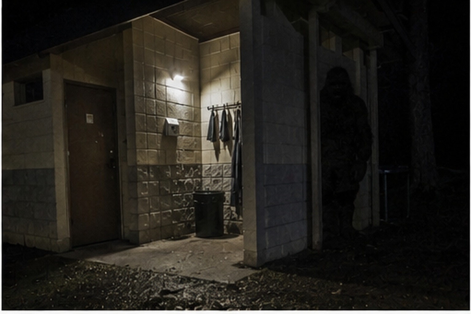 Broad dark figure beside shower house posts