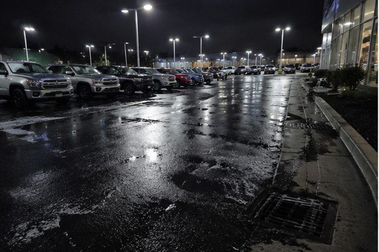 The back lot camera was aimed at trade-ins and a storm drain, which was why the movement near the grate was so hard to ignore.