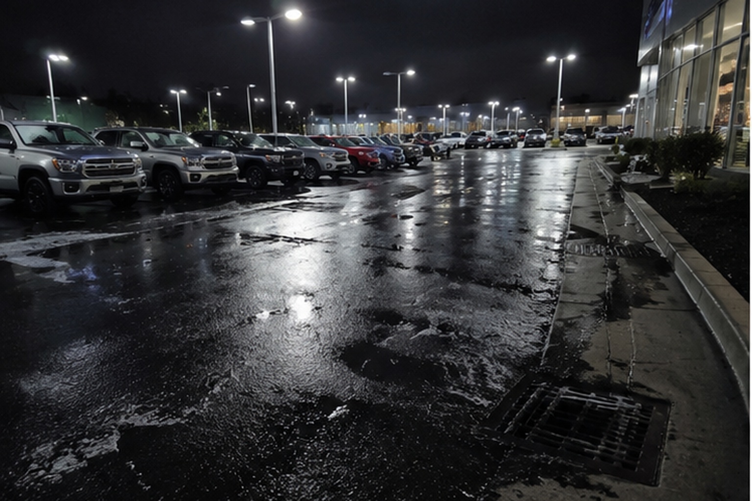 The back lot camera was aimed at trade-ins and a storm drain, which was why the movement near the grate was so hard to ignore.