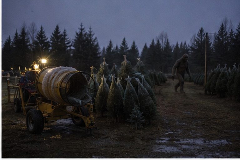 Christmas tree farm netting machine at dusk