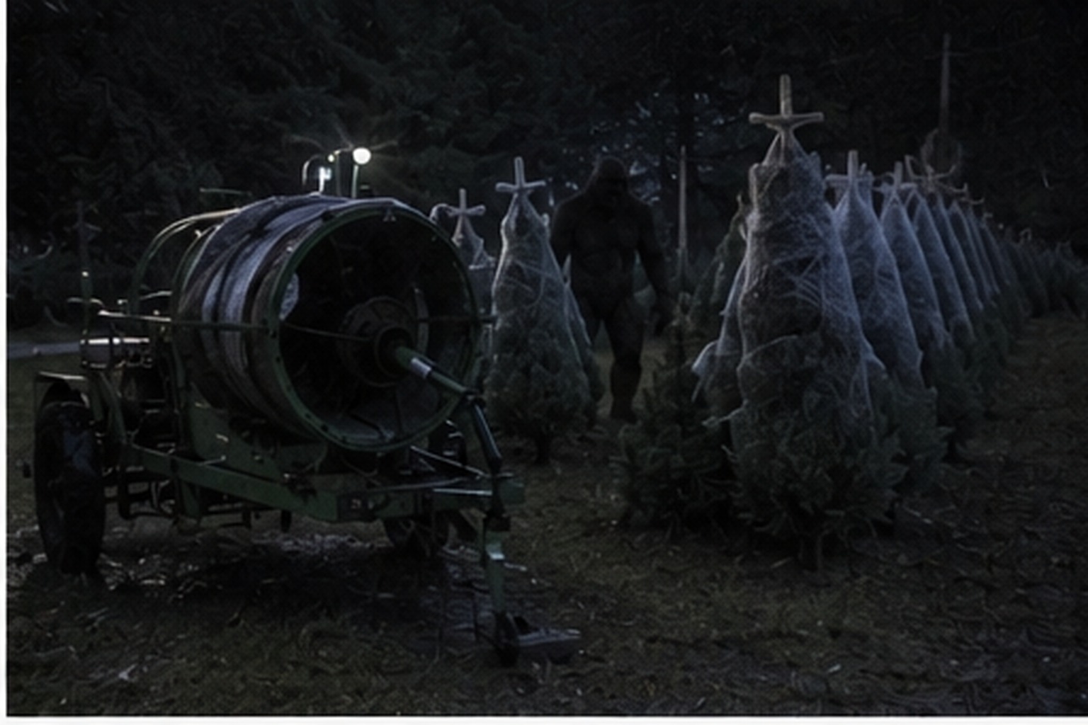 Large dark figure between wrapped trees