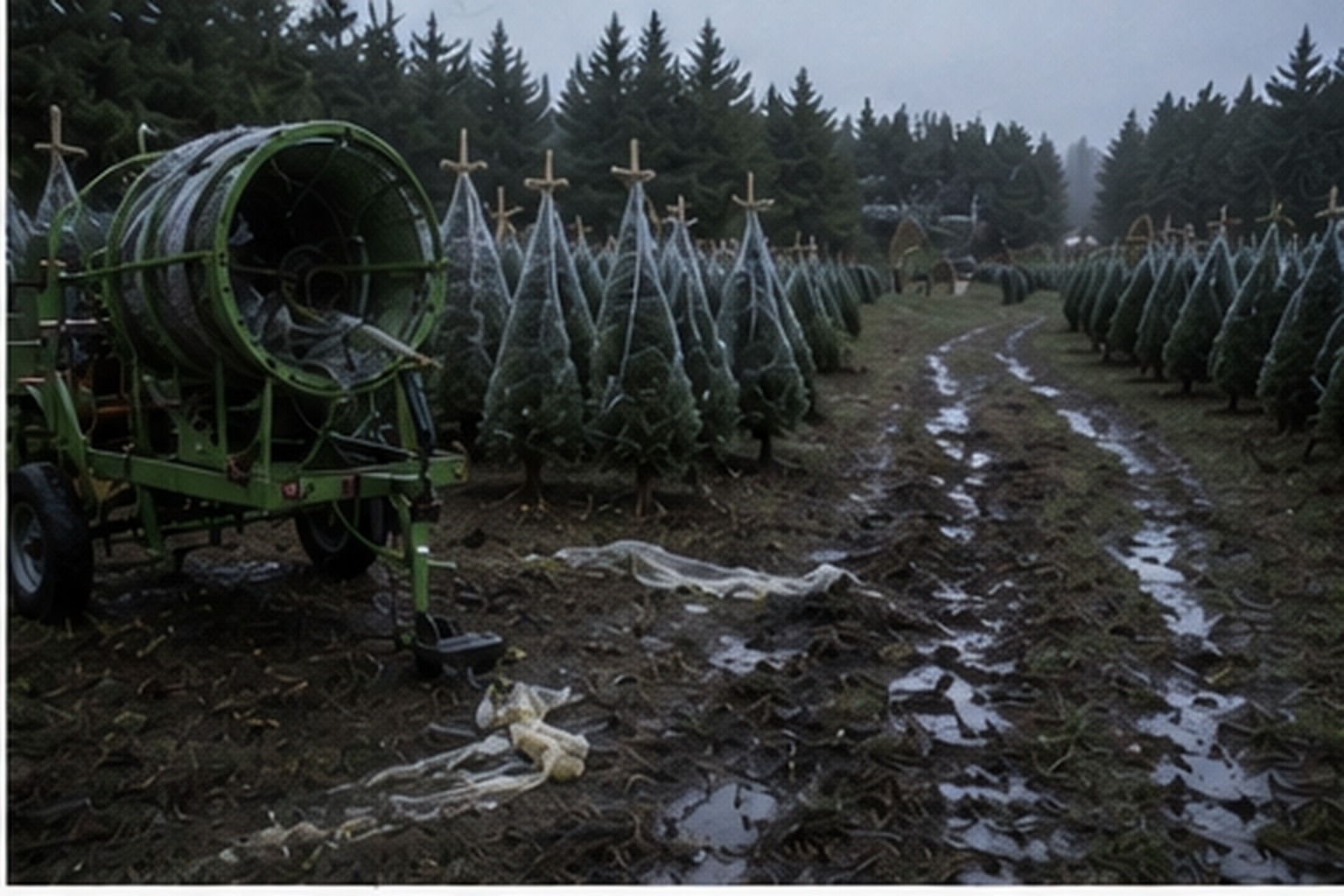 Torn netting beside muddy tree rows