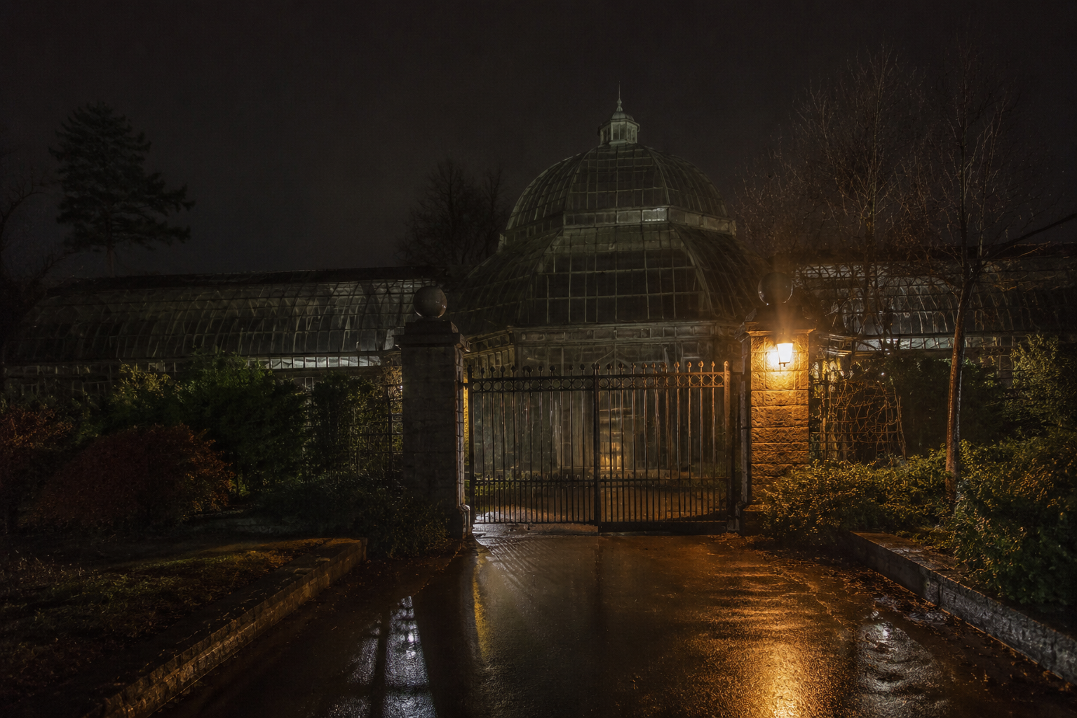 Closed botanical conservatory after dark