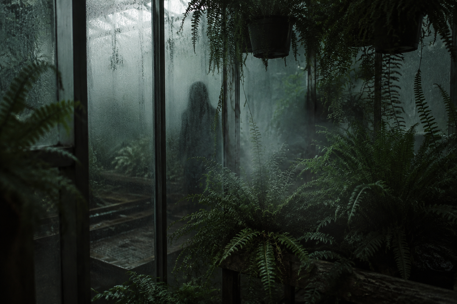 Dark shape between misty fern room glass panels