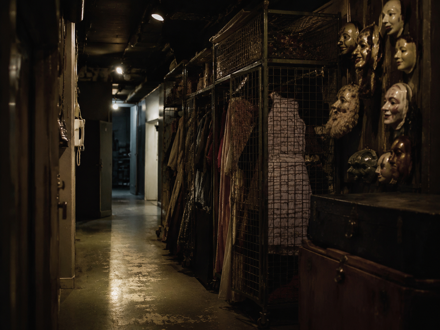 Closed community theater backstage costume cage with masks and costumes after hours