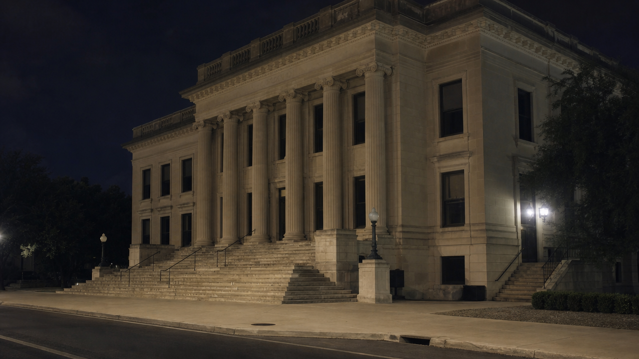 Closed county courthouse after dark