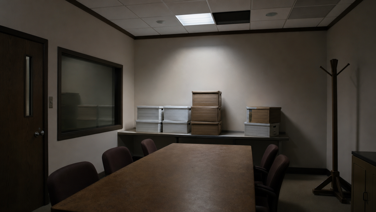 Evidence viewing room with empty coat rack