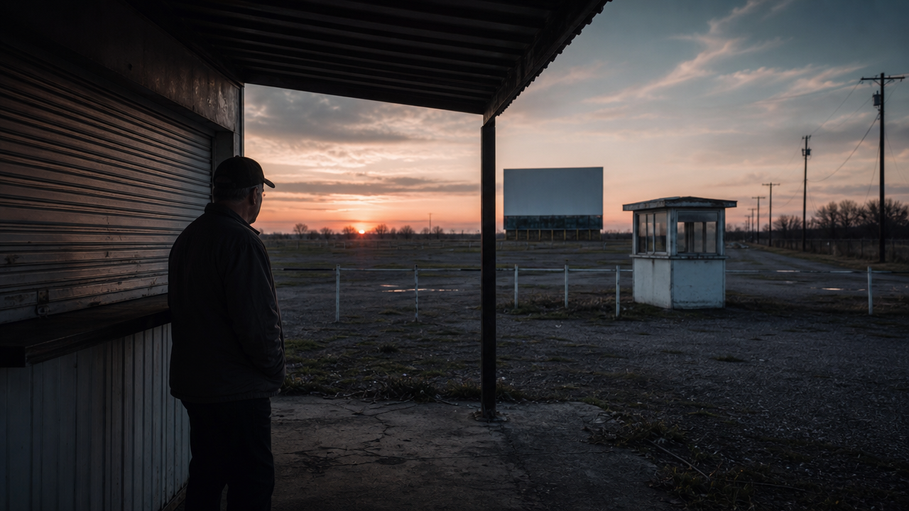 A caretaker looks back toward the closed drive-in screen where the strange sky light was reported.