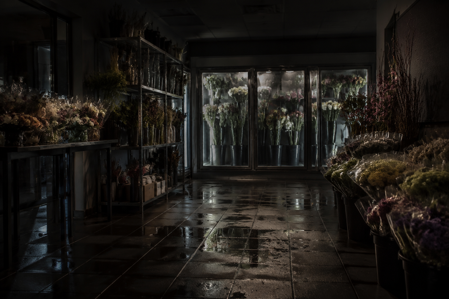 Closed florist shop cooler with flowers and a small puddle on the tile floor