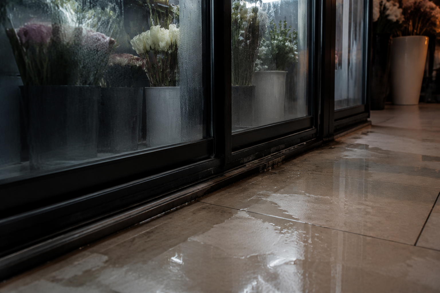 Water puddle spreading from a florist cooler threshold after closing