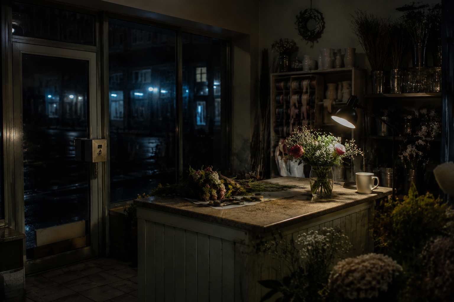 After-hours florist counter with cooler lights reflected in the front windows