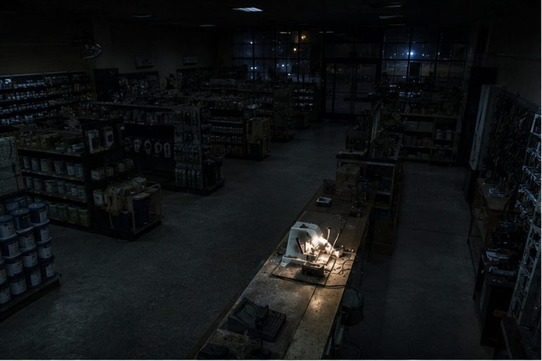 Closed hardware store at night with a key-cutting machine glowing on the service counter.